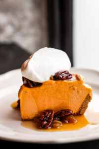 Honeynut Squash Gelato Pie | graham cracker crust, candied pecans, rum raisin sauce & whipped creme fraiche